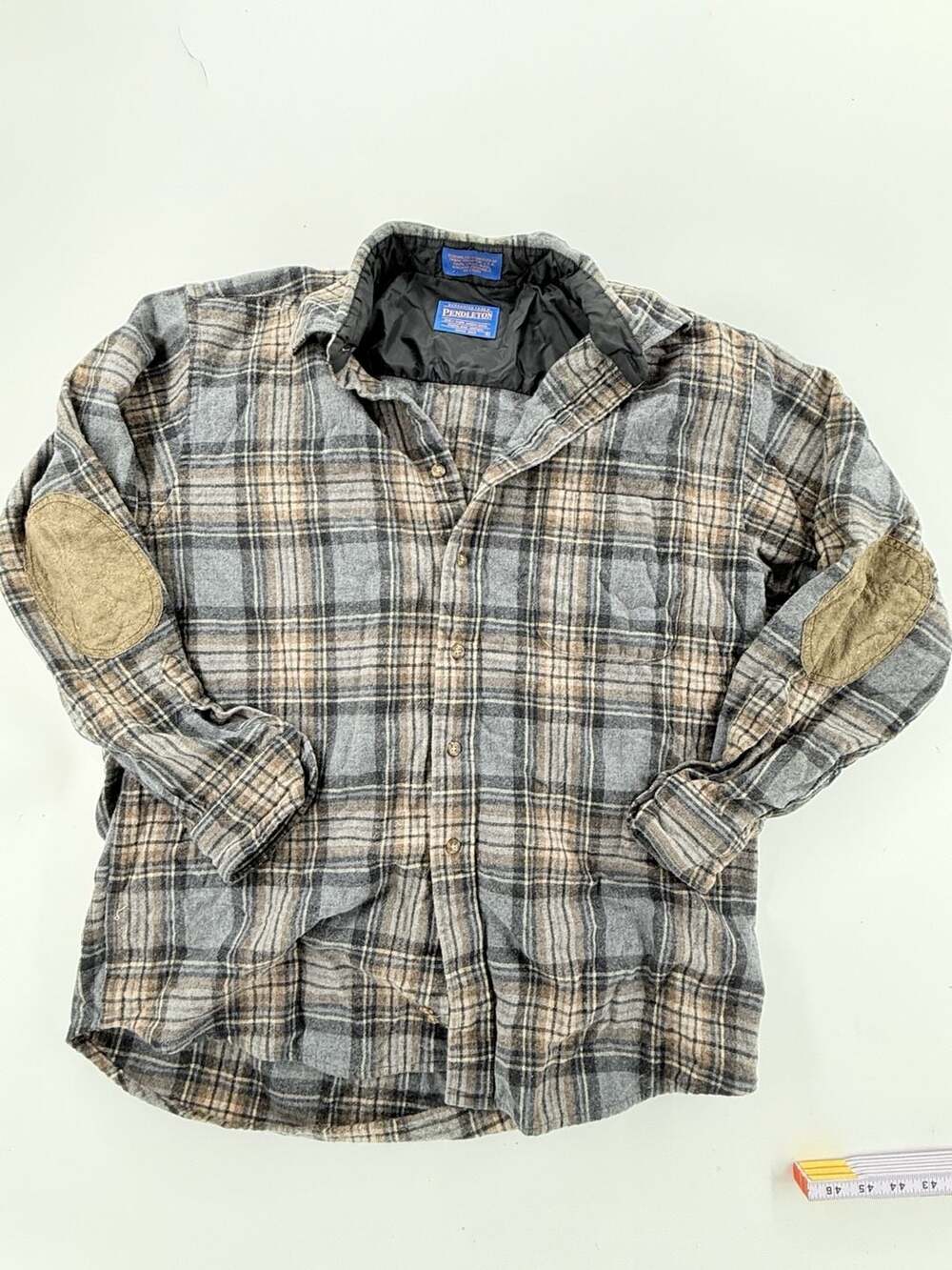 Vintage Pendleton Plaid Flannel Shirt Size L Gray Brown Elbow Patches Wool